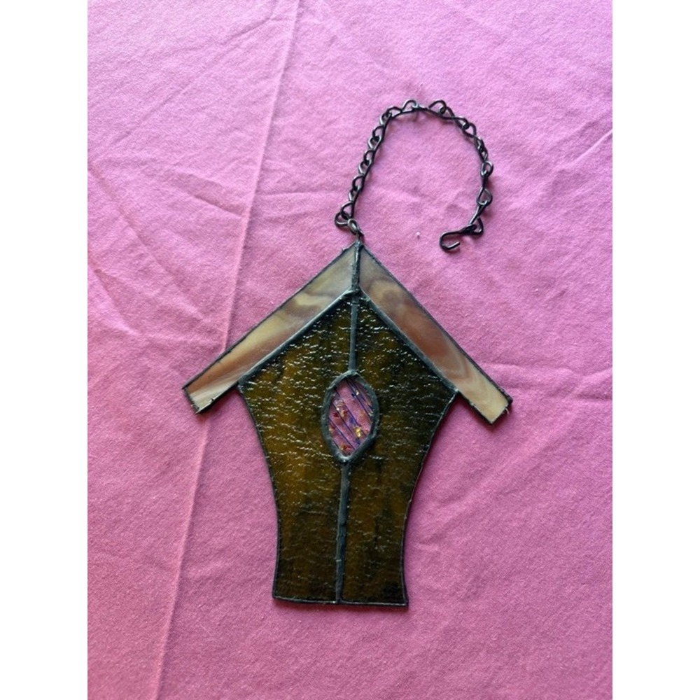 Vintage Stained Glass Birdhouse Sun Catcher Window Hanging Accent